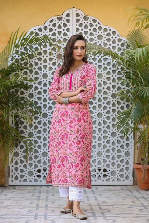 Pink Floral Printed Cotton Straight Kurta for Women
